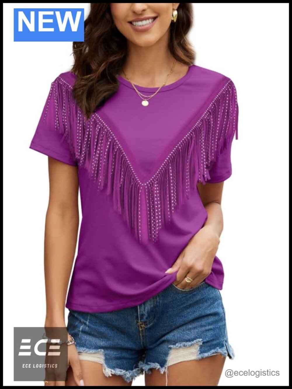 Fringe Trim Short Sleeve T-Shirt Blouse Casual Workout Yoga Top